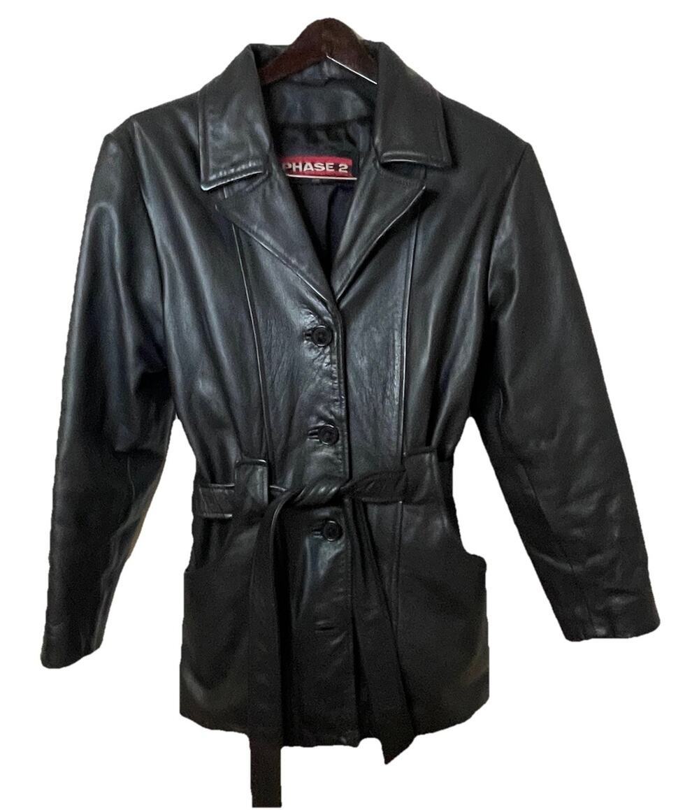 VTG 80s 90s Phase Two Women's Black Leather Belted Jacket Size M Petite Heavy